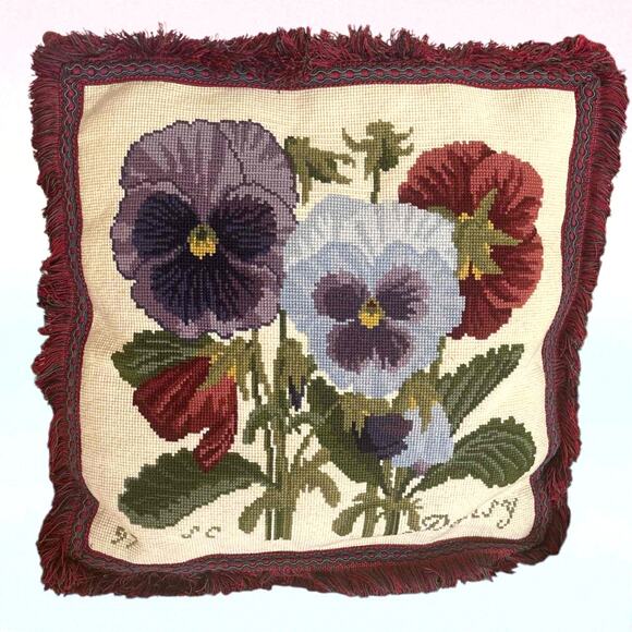 Vintage Elizabeth Bradley PANSY Needlepoint Pillow Victorian Cross Stitch 1997 - Picture 1 of 5